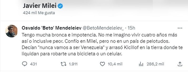 Los polémicos tweets que megusteó Milei contra radicales y la