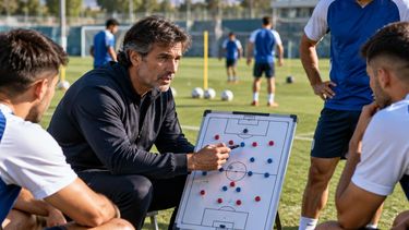 Entrenador explica una táctica durante una sesión de fútbol