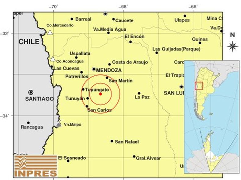 Los datos del Inpres indican que el sismo tuvo epicentro cerca de Tunuyán y Tupungato.