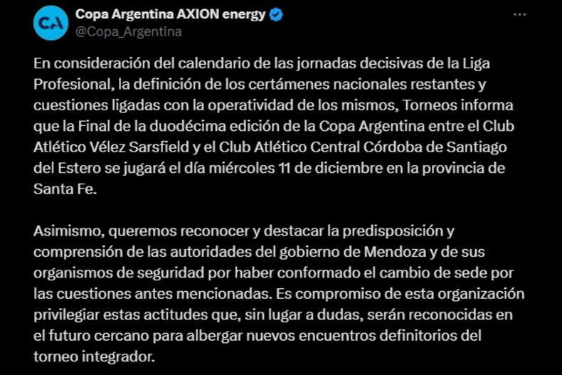 Comunicado de la cuenta oficial de la Copa Argentina