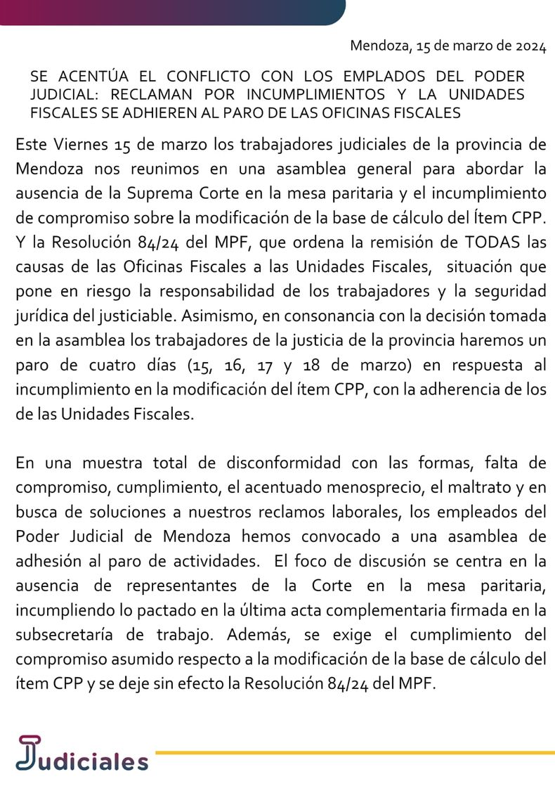El comunicado del gremio de Judiciales de la Provincia de Mendoza