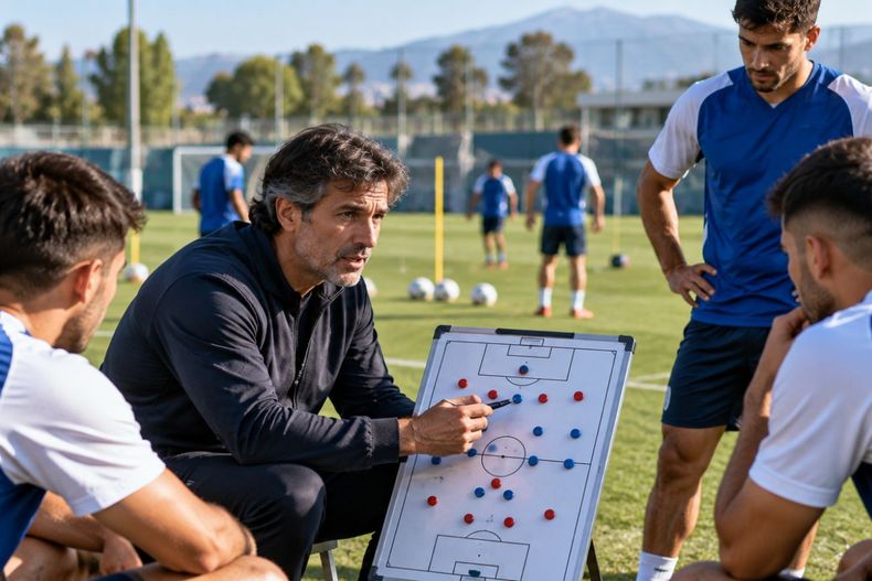 Entrenador explica una táctica durante una sesión de fútbol