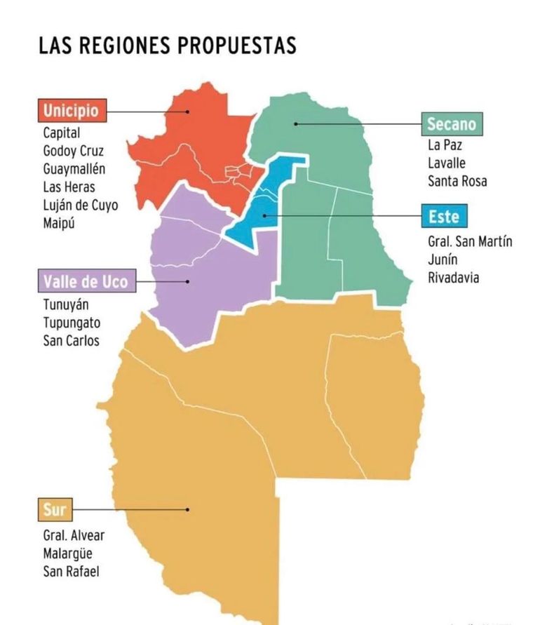 La división de regiones que proponía el proyecto alternativo presentado por Jorge Difonso. Si bien no se tomó en cuenta, se incorporó un compromiso para trabajar en una ley que contemple una reestructuración.