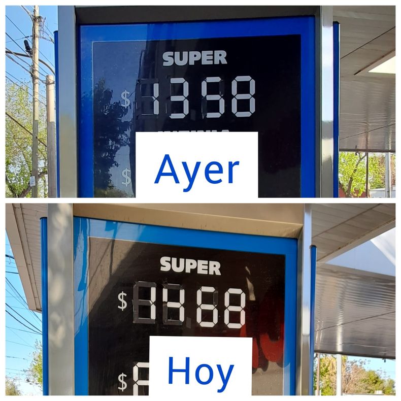 La variación en los precios de los combustibles entre ayer y hoy, en la misma estación de servicio, de la Ciudad de Mendoza.