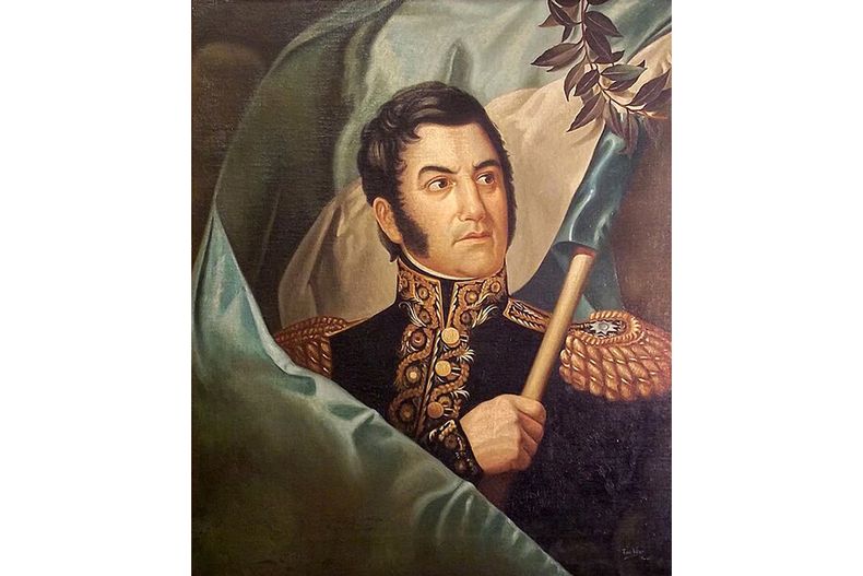 Retrato de la bandera. Autor: Anónimo / Atribuido a Mercedes San Martín (s. XIX). El retrato más famoso; acompañó a San Martín en su dormitorio hasta su muerte. Inspirado en la iconografía napoleónica, es la imagen preferida para fines escolares y educativos.