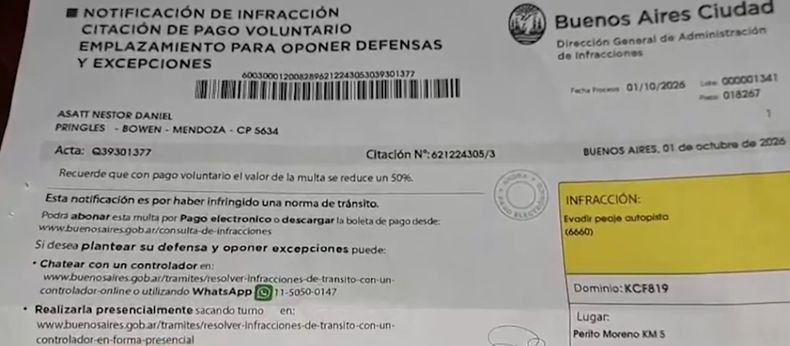 Multa de tránsito en Bowen, que llegan desde Buenos Aires.