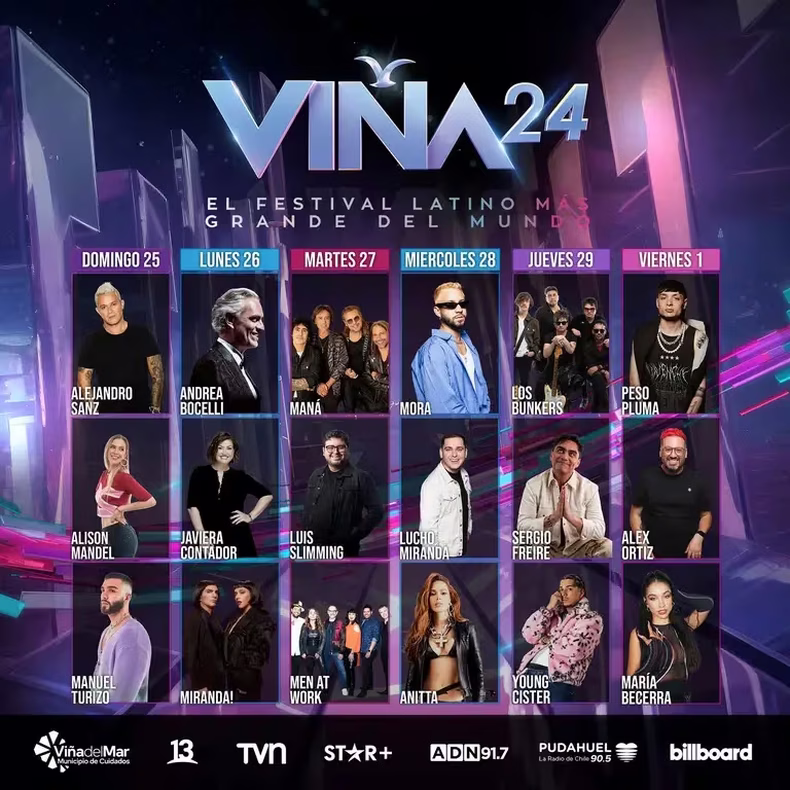 La grilla completa del Festival Viña del Mar 2024.