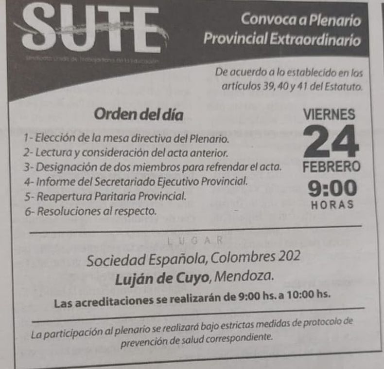 La convocatoria del Sute a plenario provincial para este viernes. 