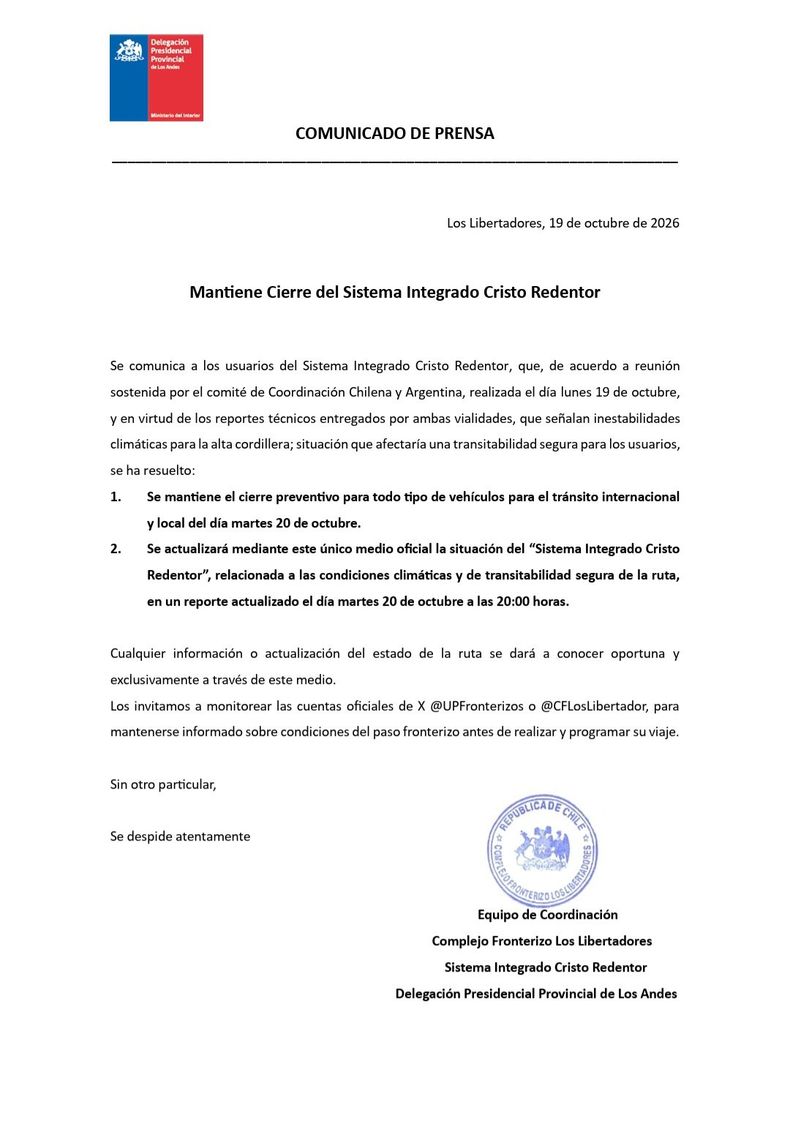 El último comunicado oficial del lunes.