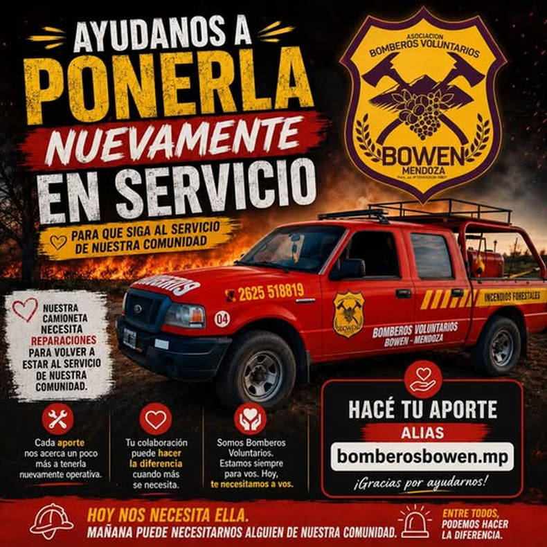 Bomberos de Bowe en General Alvear piden colobaricón la comunidad para reparar un vehículo.