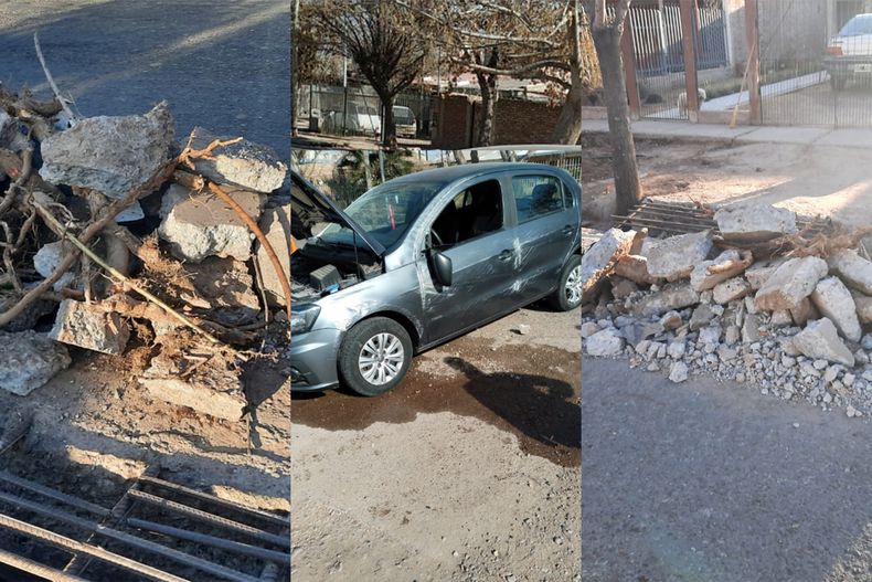El auto de la víctima y los escombros que provocaron el siniestro por el que deberá responder la Municipalidad de Luján de Cuyo.
