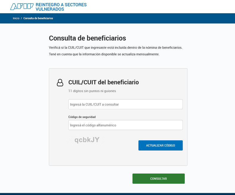 El micrositio de la AFIP para consultar el beneficio