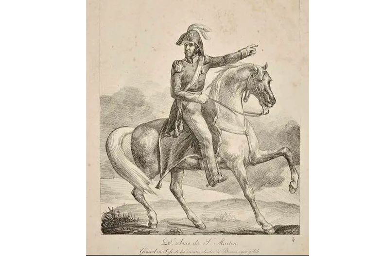 Litografía de Géricault. Autor: Théodore Géricault (1819). Litografía épica realizada en París por encargo de Ambrosio Crámer. Presenta a San Martín a caballo, influyendo notablemente en la posterior escultura monumental de la Plaza San Martín en Buenos Aires.