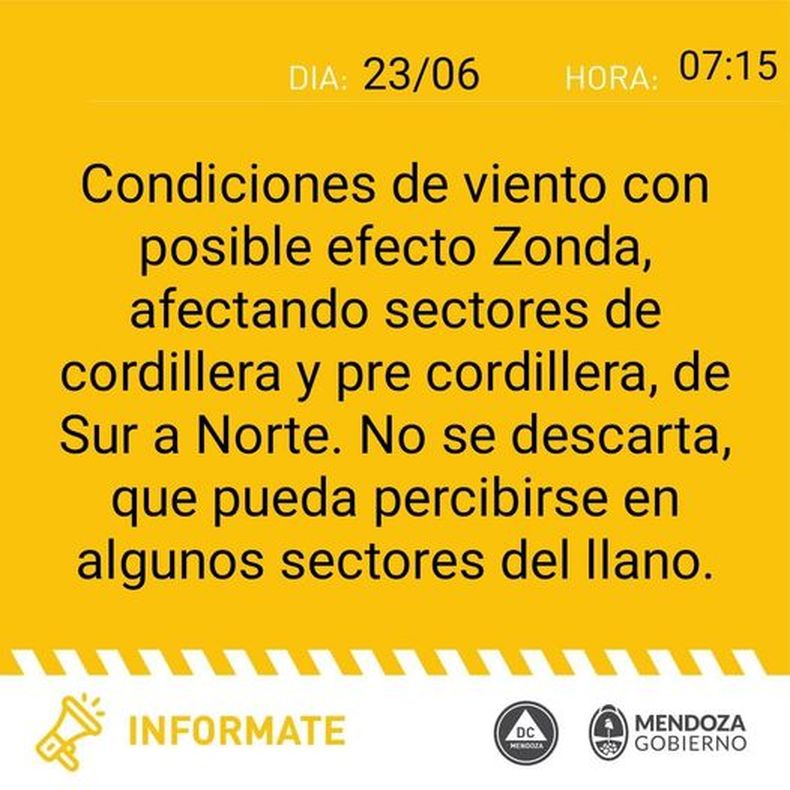La advertencia de Defensa Civil respecto al Zonda.&nbsp;
