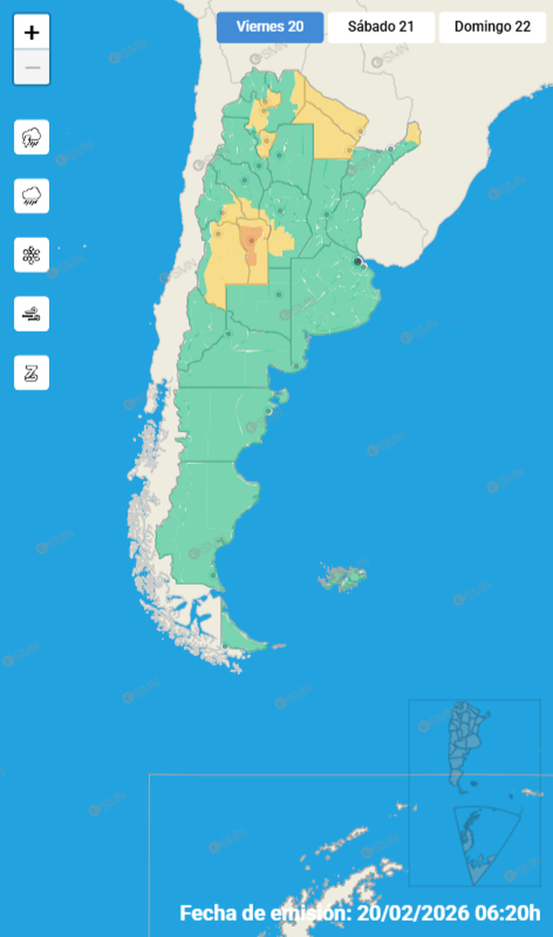 El Servicio Meteorológico Nacional indica que gran parte de la provincia de Mendoza se encuentra bajo alerta amarillo este viernes 20.