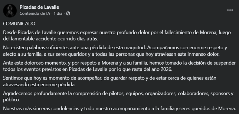 El comunicado de Picadas de Lavalle a días del fallecimiento de Morena González.