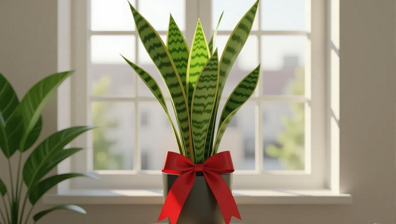 Imagen ilustrativa de una sansevieria con una cinta roja en la base de su hoja m&aacute;s grande.&nbsp;