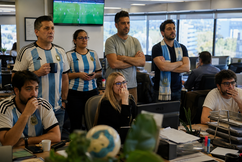 Con camisetas, pantallas encendidas y mucha expectativa, los mendocinos viven el partido de Argentina desde su trabajo.