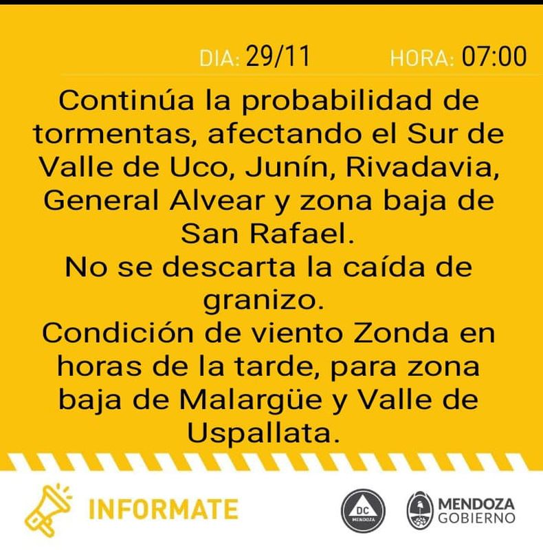 Rige una alerta amarilla por tormentas este s�bado en Mendoza.