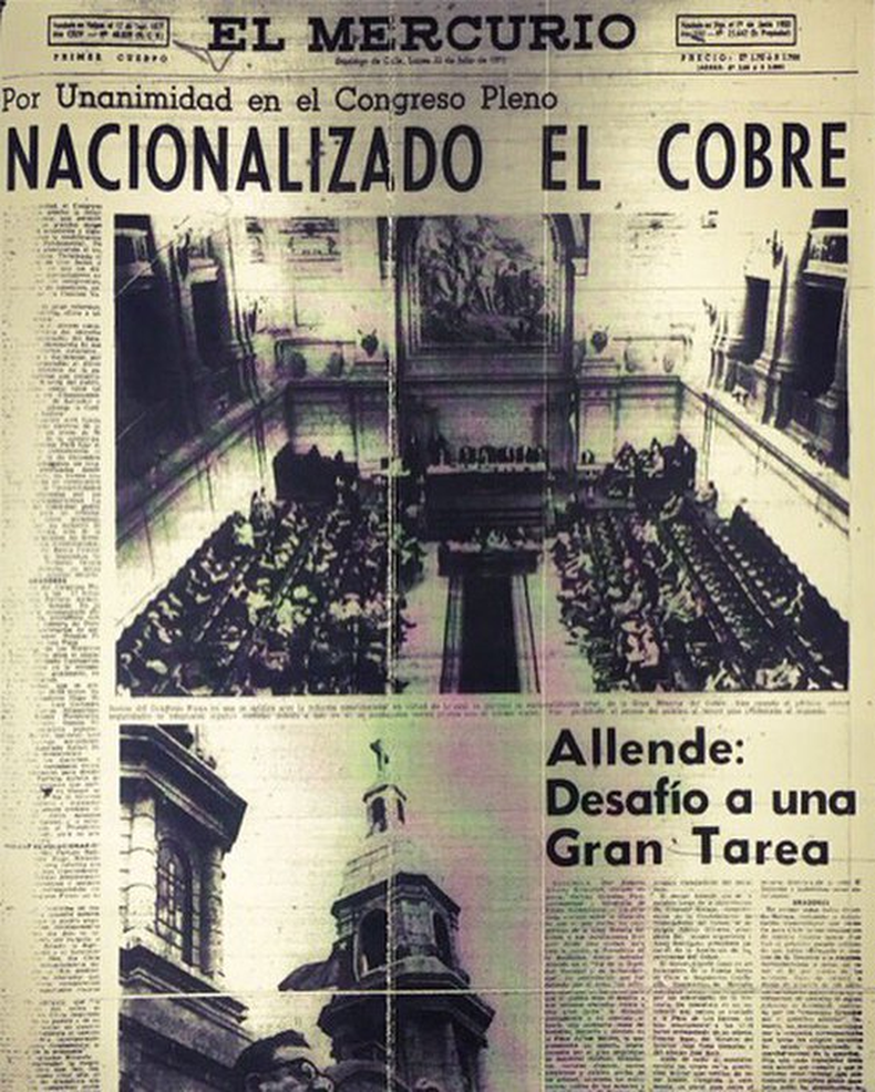 La tapa del diario El Mercurio el día que Chile nacionalizó el cobre y se quedó también con el manejo de los dólares de sus exportaciones.