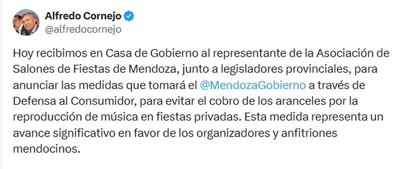 Alfredo Cornejo se reunió con dueños de salones de fiestas por el decreto que prohíbe cobro por la reproducción de música