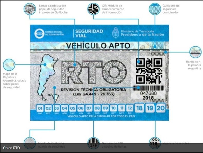 Muestra de la oblea de RTO que deben exhibir los vehículos