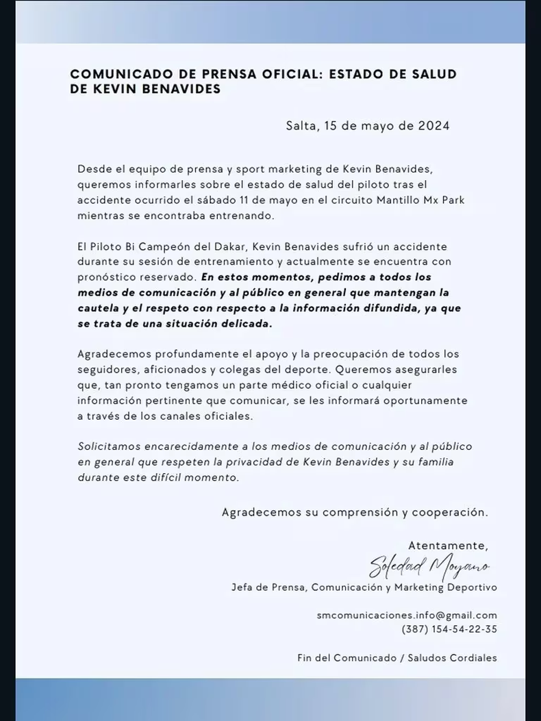Kevin Benavides sufrió grave accidente y está internado con pronóstico reservado