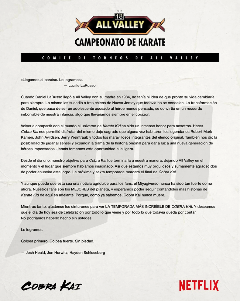 La temporada 6 de Cobra Kai llegará a Netflix ¡Muy pronto!