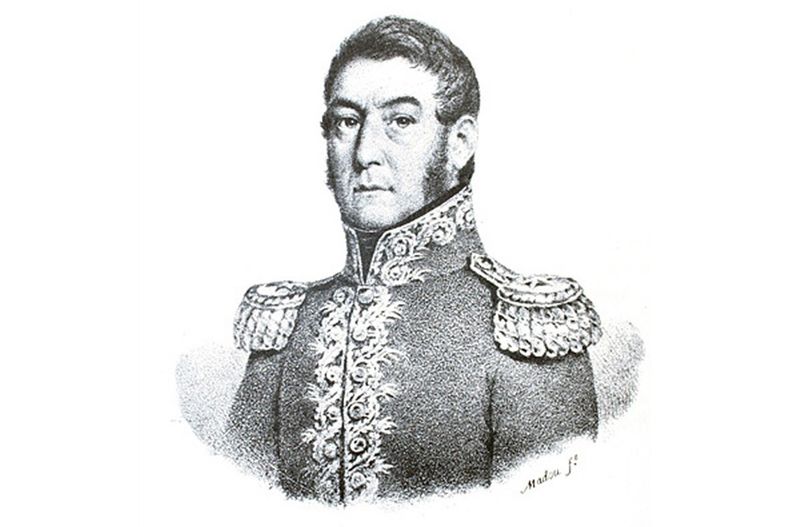 Litografía de Madou. Aturo: Jean Baptiste Madou (1828). Basada en una piedra litográfica enviada por el propio San Martín para las memorias del general Miller. Es la imagen más difundida en sellos postales y papel moneda argentino.
