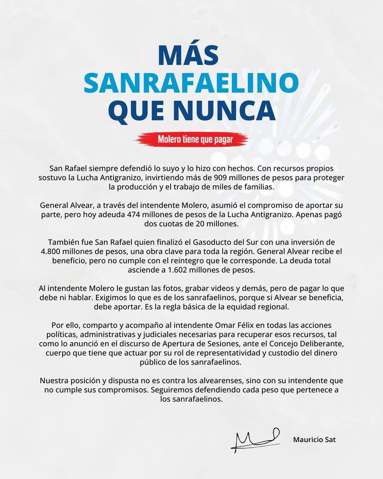 El documento de Mauricio Sat que escala el conflicto con General Alvear por el gasoducto. El documento de Mauricio Sat que escala el conflicto con General Alvear por el gasoducto.