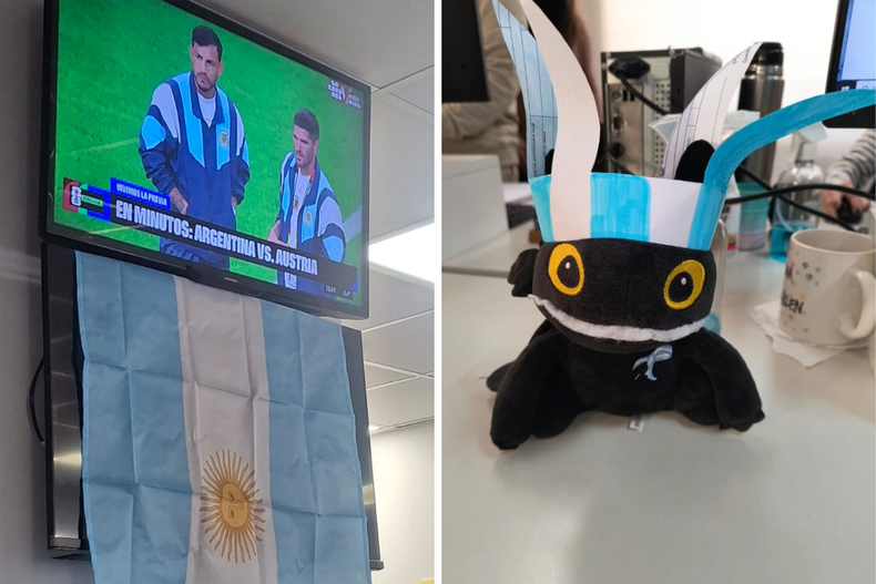 Decoraciones en oficinas de Mendoza durante el partido Argentina-Austria, Mundial 2026.