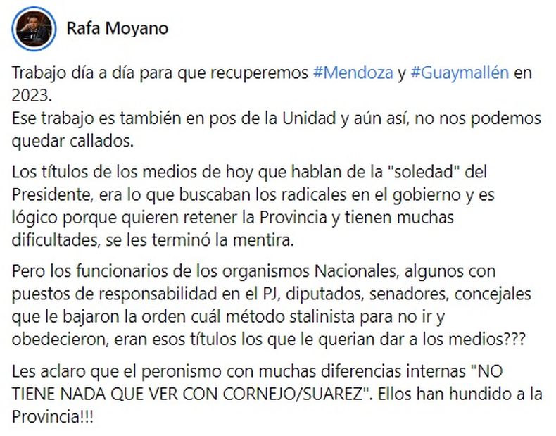 Parte del descargo de Rafael Moyano por el desplante del kirchnerismo a Alberto Fernández en Mendoza