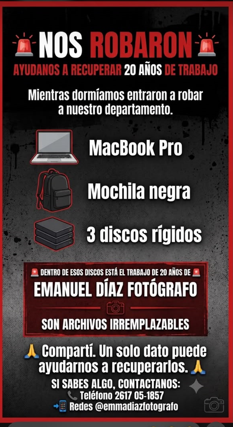 El fotógrafo sufrió el robo de una mochila con una macbook pro y tres discos rígidos.