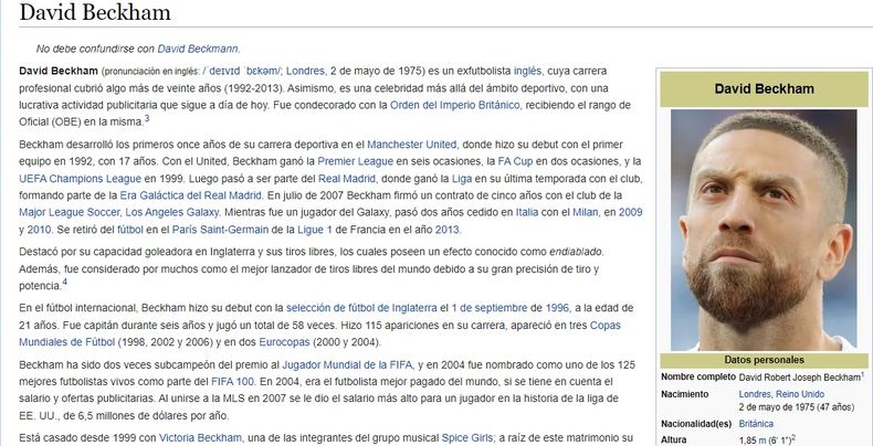 El perfil de Wikipedia de David Beckham, con una peque&ntilde;a modificaci&oacute;n