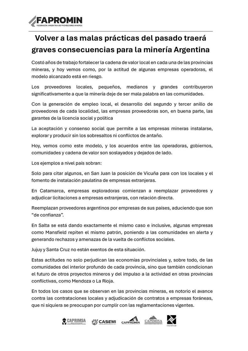 El comunicado de FAPROMIN