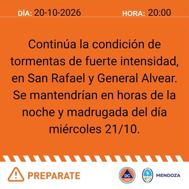 Defensa Civil emiti&oacute; alerta naranja para San Rafael y General Alvear.