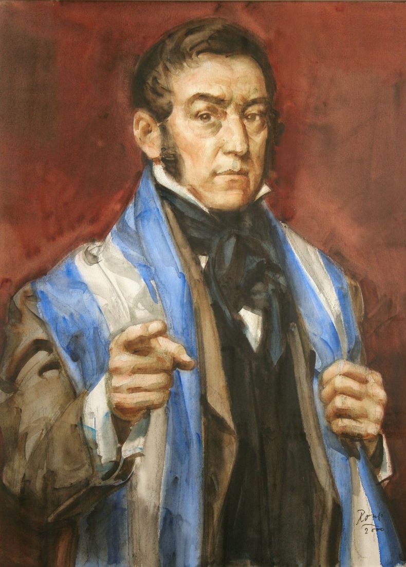 San Martín Interpelador. Autor: Guillermo Roux (2000). Obra contemporánea que evita la estampa victoriosa. San Martín mira y señala al espectador con gesto de reconvención, reclamando la responsabilidad ciudadana en la construcción de la nación argentina.