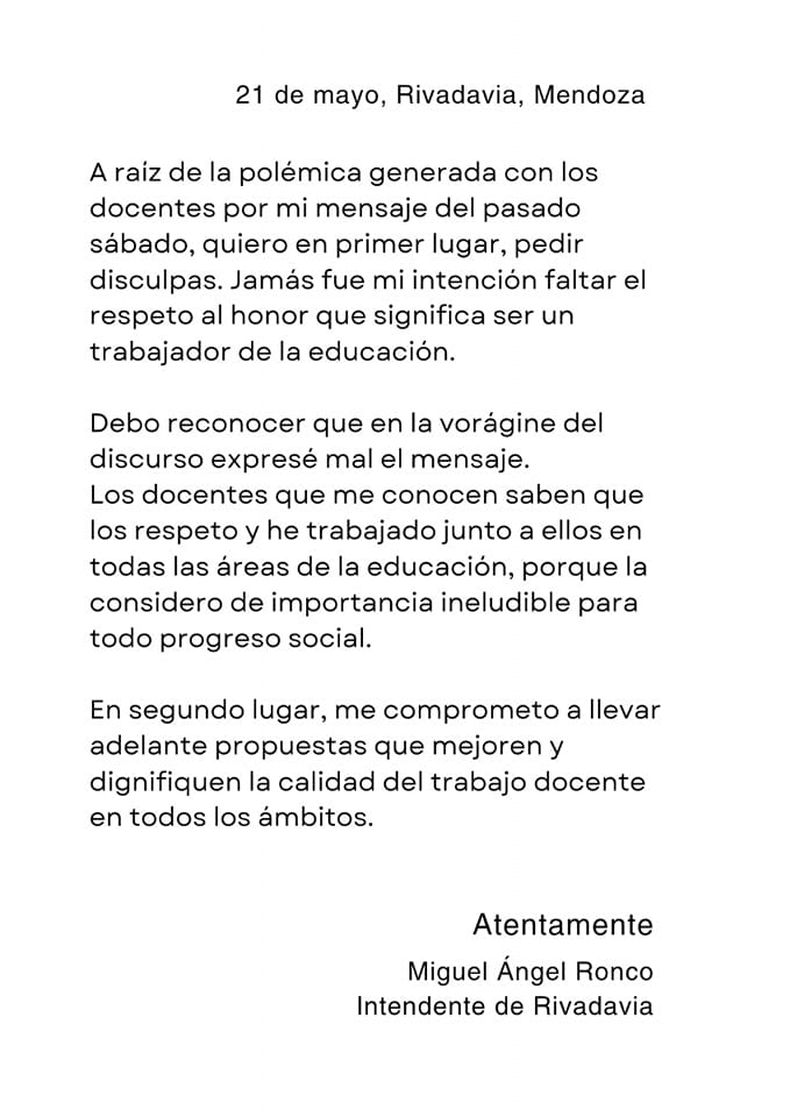 Carta publicada por Miguel Ángel Ronco disculpándose por sus dichos contra los docentes. 