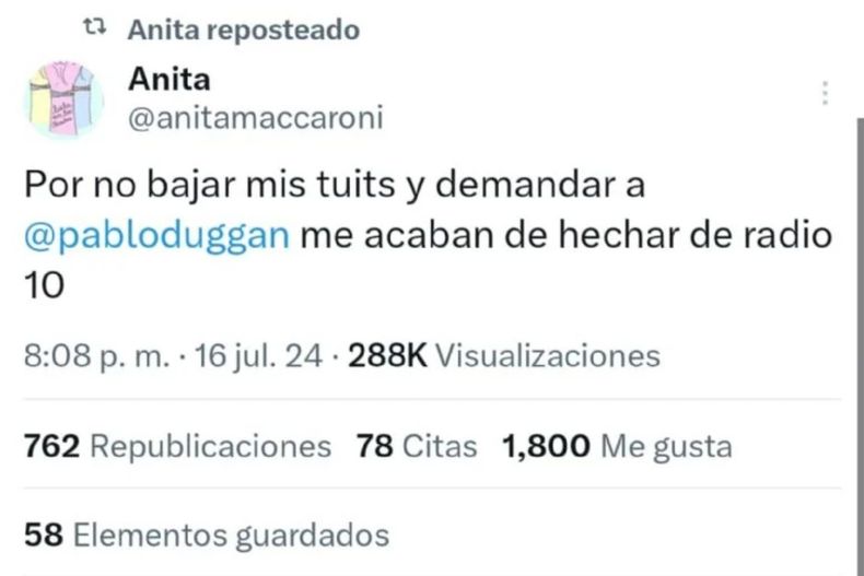 Ana Maccaroni confirmando que la echaron de Radio 10