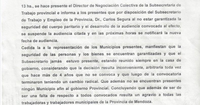 La paritaria municipal de Mendoza fue suspendida "al no estar garantizada la seguridad"