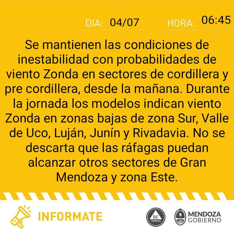 4 de julio: alerta por Zonda en Mendoza.